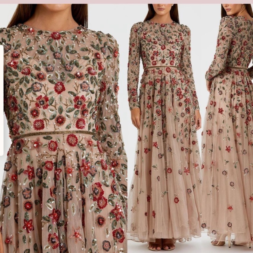 NEW Mac Duggal [ 16 ] 5533 Embellished High Neck Long Sleeve A Line‎ Gown Beige